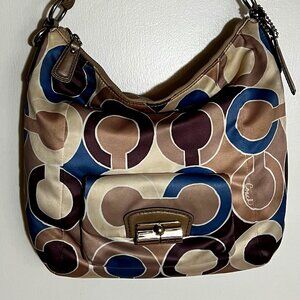 COACH-Signature Satin Monogram Hobo Brown/Blue Shoulder Bag